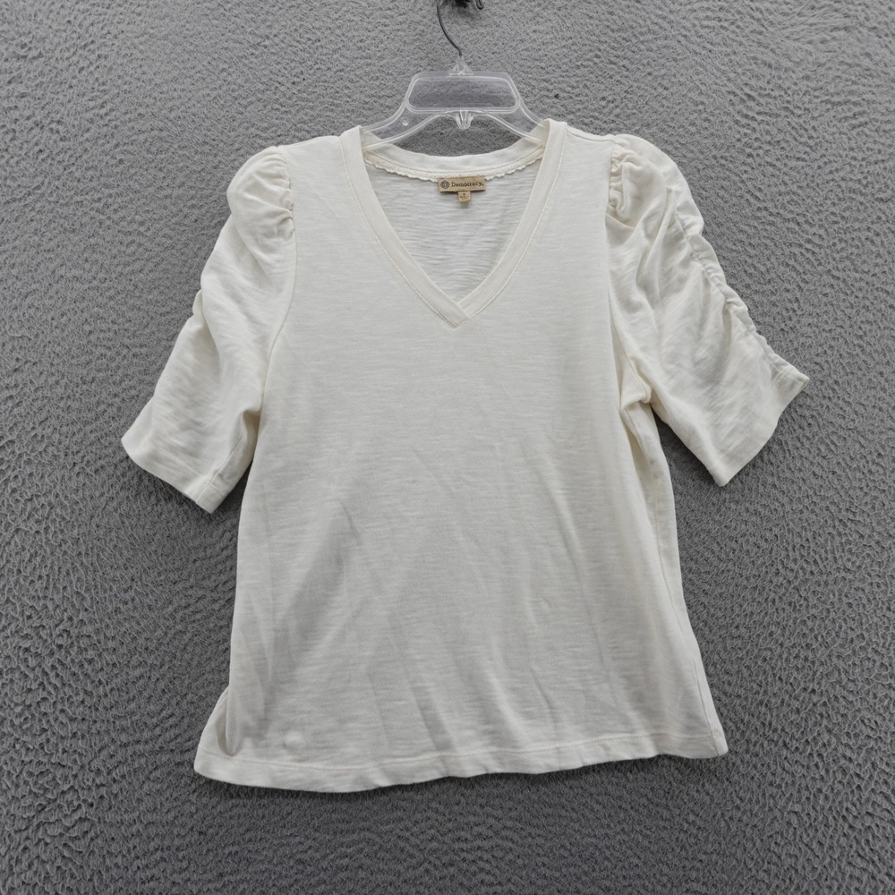 Democracy V-Neckโ Puff Sleeve Ruched Shirt Womens Size Small White